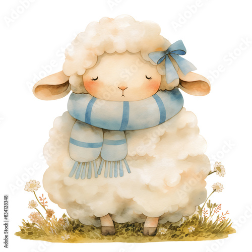 Watercolor illustration for nursery of cute funny sheep with bow on white backgrounds isolated