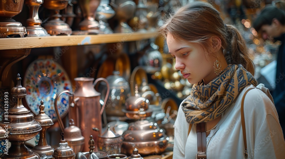 A young woman went shopping. She looked at some copper souvenirs and handicrafts in a shop.