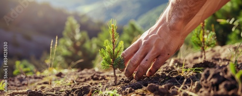 A young pine tree sapling standing upright in brown soil against a blurred forest background, symbolizing growth and the environment. photo
