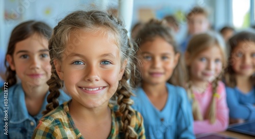 Young Girl Smiling in Classroom With Wind Turbine Model in Background