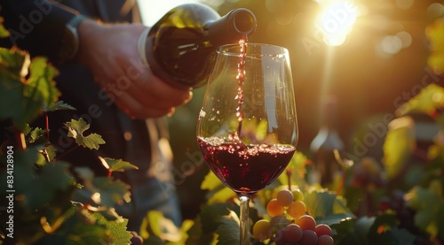 Pouring Red Wine Into a Glass During Sunset in a Vineyard