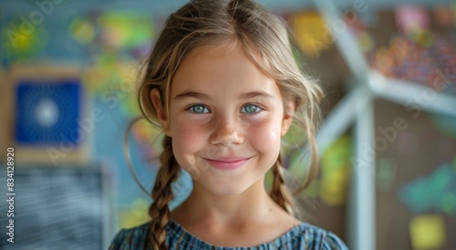 Young Girl Smiling in Classroom With Wind Turbine Model in Background