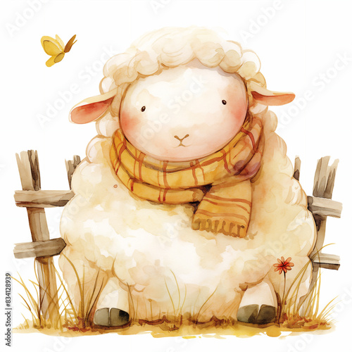 Watercolor illustration for nursery of cute sheep with bow on white isolated