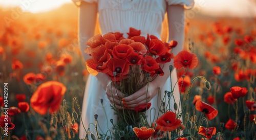 Woman Holding Bouquet of Red Flowers