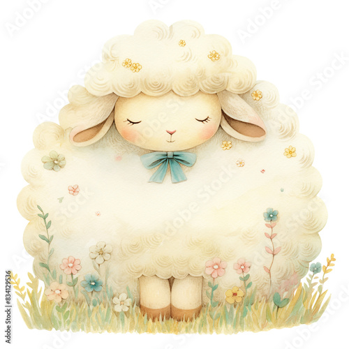 Illustration of cute funny sheep in style of watercolor on white background