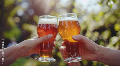 Friends Toasting Beer Glasses During Outdoor Gathering at Sunset