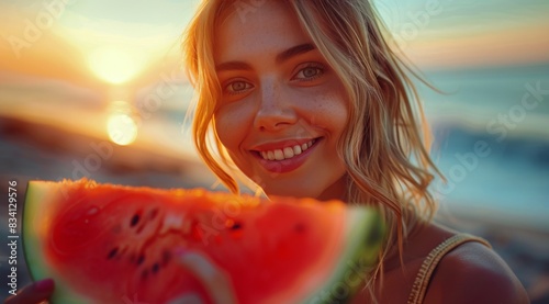Woman Smiles Holding Slice of Watermelon