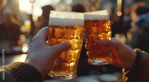 Friends Toasting Beer Glasses During Outdoor Gathering at Sunset