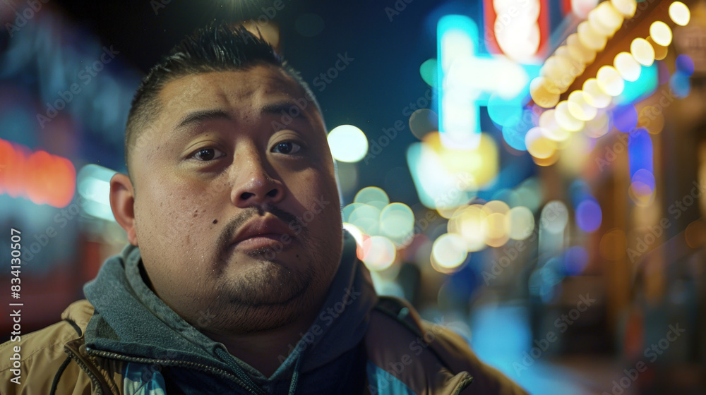 A Hispanic man with Down syndrome stands in an urban setting at night