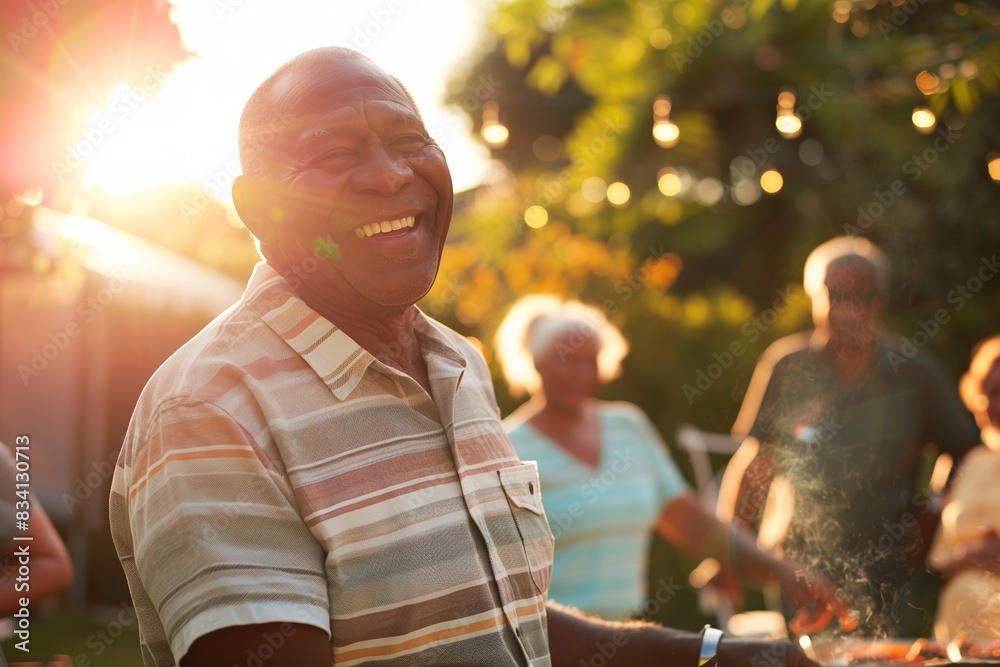 Naklejka premium A man smiles brightly as he enjoys a backyard barbecue with family and friends