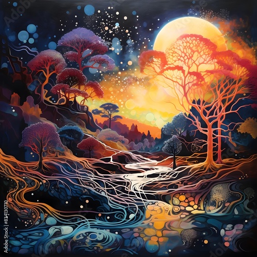 Illustration of a fantasy landscape with trees, lake and moon.