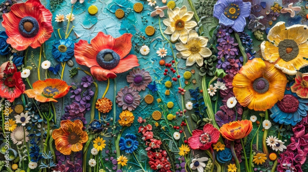 An artistic interpretation of a garden in full bloom with a riot of colors and textures captured in intricate detail. An artistic interpretation of a garden in full bloom with a riot of colors and textures captured in intricate detail.