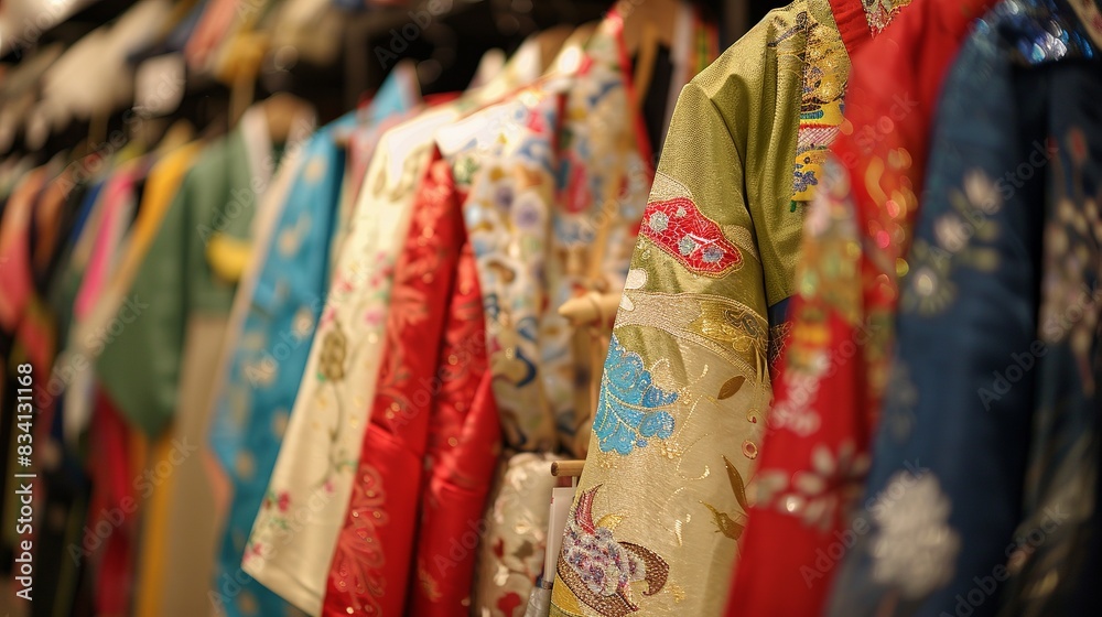 Traditional Korean attire known as Hanbok is on display in a store.