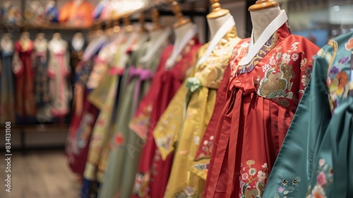 Traditional Korean attire known as Hanbok is on display in a store.