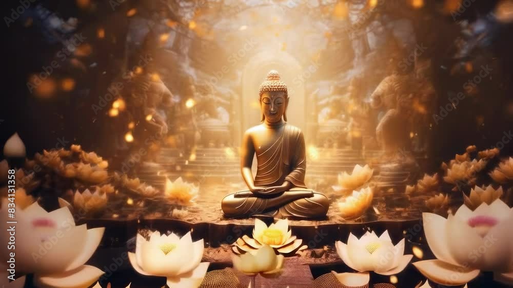 A serene Buddha statue meditates amidst glowing lotus flowers in a sacred temple setting. The warm ambient lighting creates a peaceful evening mood. Temple's ornate details reflect an Asian cultural A serene Buddha statue meditates amidst glowing lotus flowers in a sacred temple setting. The warm ambient lighting creates a peaceful evening mood. Temple's ornate details reflect an Asian cultural