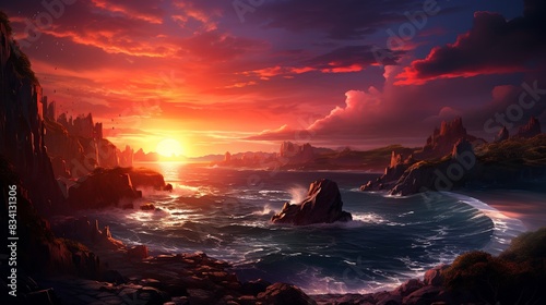 A dramatic sunset over a coastal cliff, with waves crashing against the rocks below and the sun setting in a blaze of colors over the horizon. 