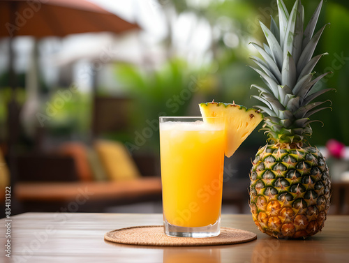 A Glass of pineapple juice with slice of pineapple, Refreshing and healthy pineapple juice ice in a glass with summer background, pineapple juice photo