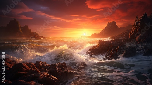 A dramatic sunset over a coastal cliff, with waves crashing against the rocks below and the sun setting in a blaze of colors over the horizon. 