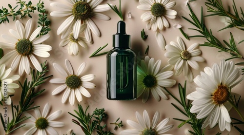 Bottle of Water Surrounded by Flowers and Herbs