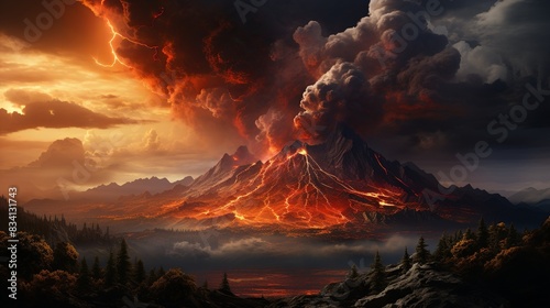 A dramatic volcanic eruption with flowing lava and ash clouds 