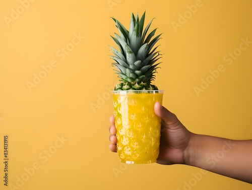 A Glass of pineapple juice with slice of pineapple, Refreshing and healthy pineapple juice ice in a glass with summer background, pineapple juice photo