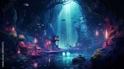 A dreamlike underwater world with floating islands and bioluminescent creatures   #834132172