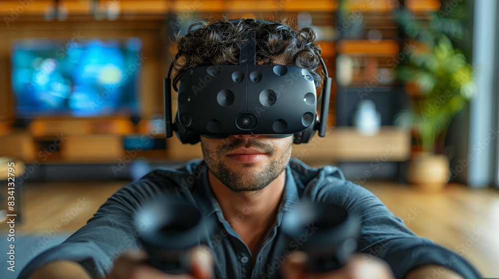 Young man using VR headset, playing virtual world game Young man using VR headset, playing virtual world game