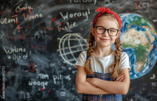 Young Girl Wearing Glasses in Front of Chalkboard