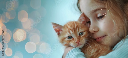 Smiling Young Girl Holding a Ginger Kitten Against a Light Blue Background