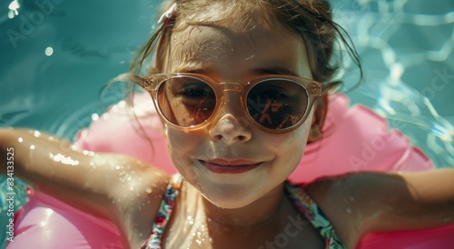 Little Girl With Sunglasses and Pink Floatie in Pool