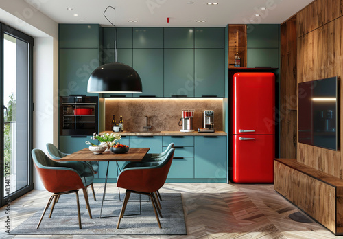 A Living Room Filled With Furniture and a Red Refrigerator