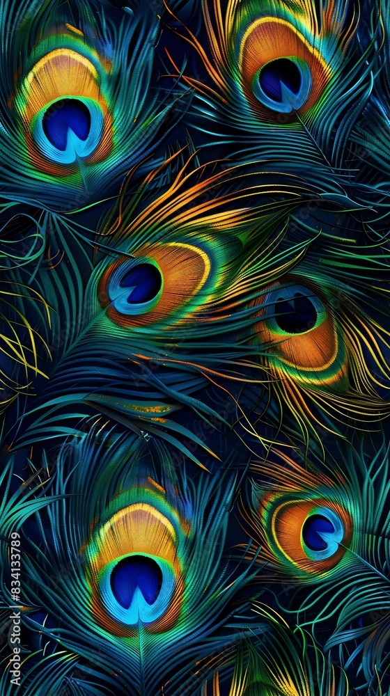 Obraz premium seamless pattern of peacock feathers, bird print texture, blue and green background, feather wallpaper . 