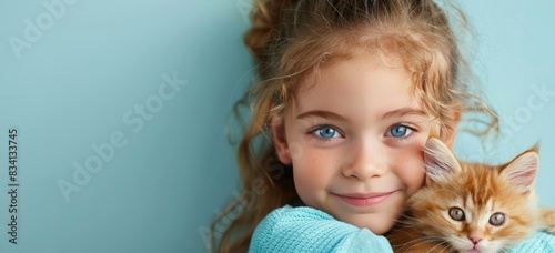 Smiling Young Girl Holding a Ginger Kitten Against a Light Blue Background