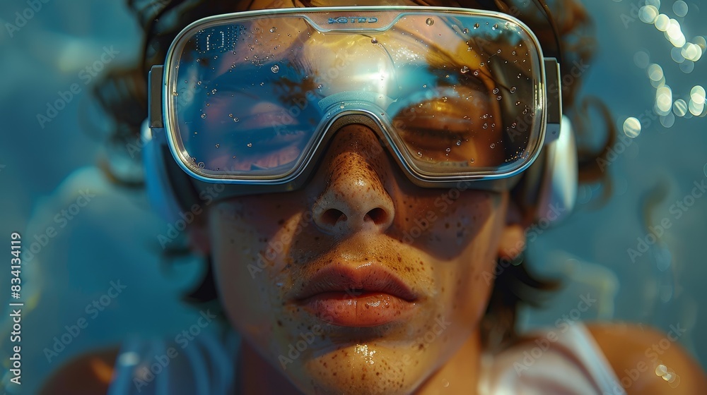 Using VR headset, young man using futuristic device Using VR headset, young man using futuristic device