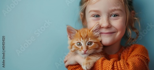 Smiling Young Girl Holding a Ginger Kitten Against a Light Blue Background