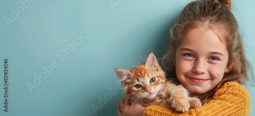 Smiling Young Girl Holding a Ginger Kitten Against a Light Blue Background