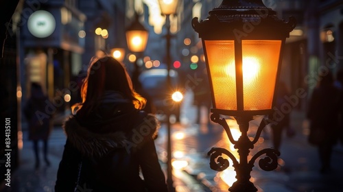 Woman Walking Down a Street at Night