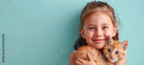 Smiling Young Girl Holding a Ginger Kitten Against a Light Blue Background