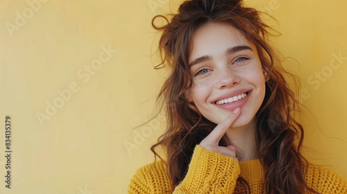 Young Woman Smiling In Yellow Sweater Against Yellow Wall