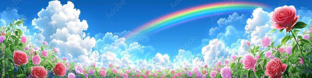 Colorful landscape with rainbow roses and blue sky Colorful landscape with rainbow roses and blue sky