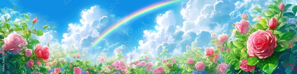 Colorful landscape with rainbow roses and blue sky Colorful landscape with rainbow roses and blue sky