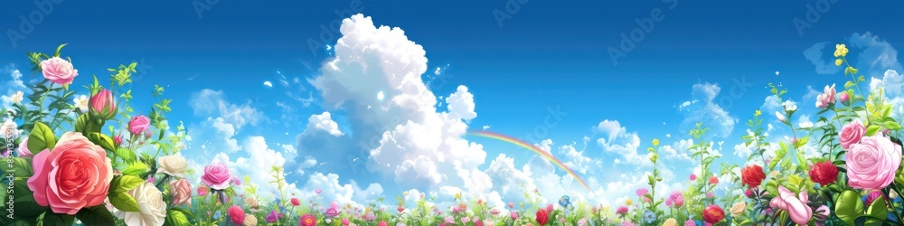 Colorful landscape with rainbow roses and blue sky Colorful landscape with rainbow roses and blue sky