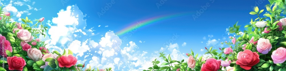 Colorful landscape with rainbow roses and blue sky Colorful landscape with rainbow roses and blue sky
