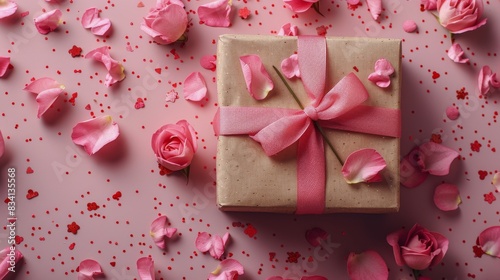 Heart Made of Pink Flowers and Petals on Pink Background