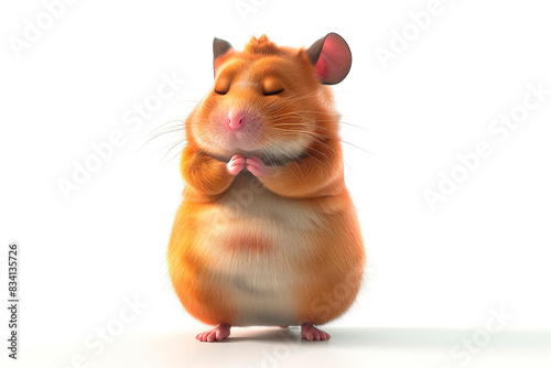 Hamster does yoga. Little mouse stands in pose for relaxation and meditation with his eyes closed and his paws folded on his stomach. Concept of positive outlook on life, fighting stress, depression. photo