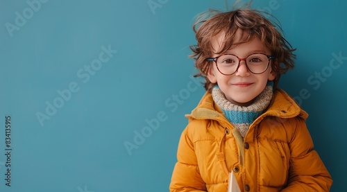 Young Boy Wearing Glasses Holds Open Book Against Blue Wall