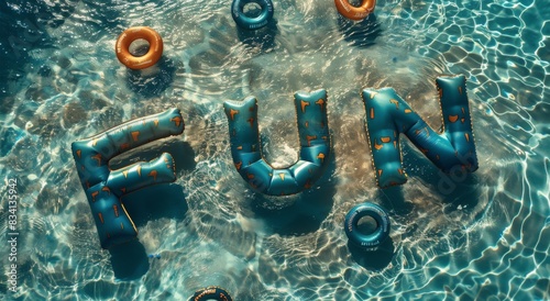Inflatable Fun Letters In A Blue Swimming Pool On A Sunny Day