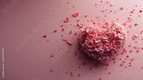 Heart Made of Pink Flowers and Petals on Pink Background