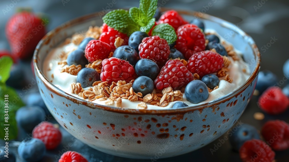 On the table, a delicious vegan breakfast bowl with yogurt granola and tasty berries On the table, a delicious vegan breakfast bowl with yogurt granola and tasty berries