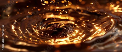 Chocolate flakes in macro vision flying through a spiral shape, gold light shines the scene. 